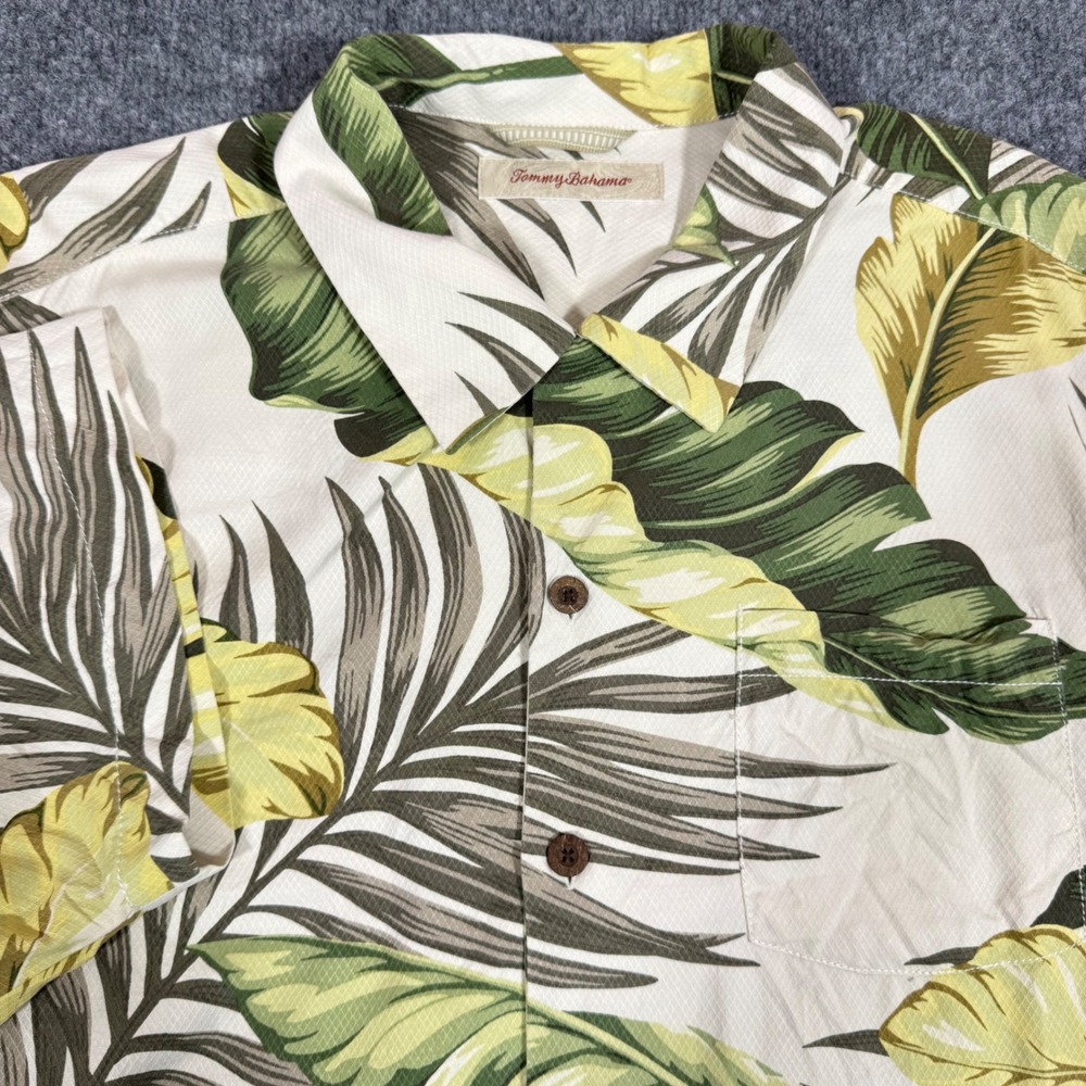 Tommy Bahama Shirt Tropical Palm Leaf Print Mens XL White Green 100% Silk EUC